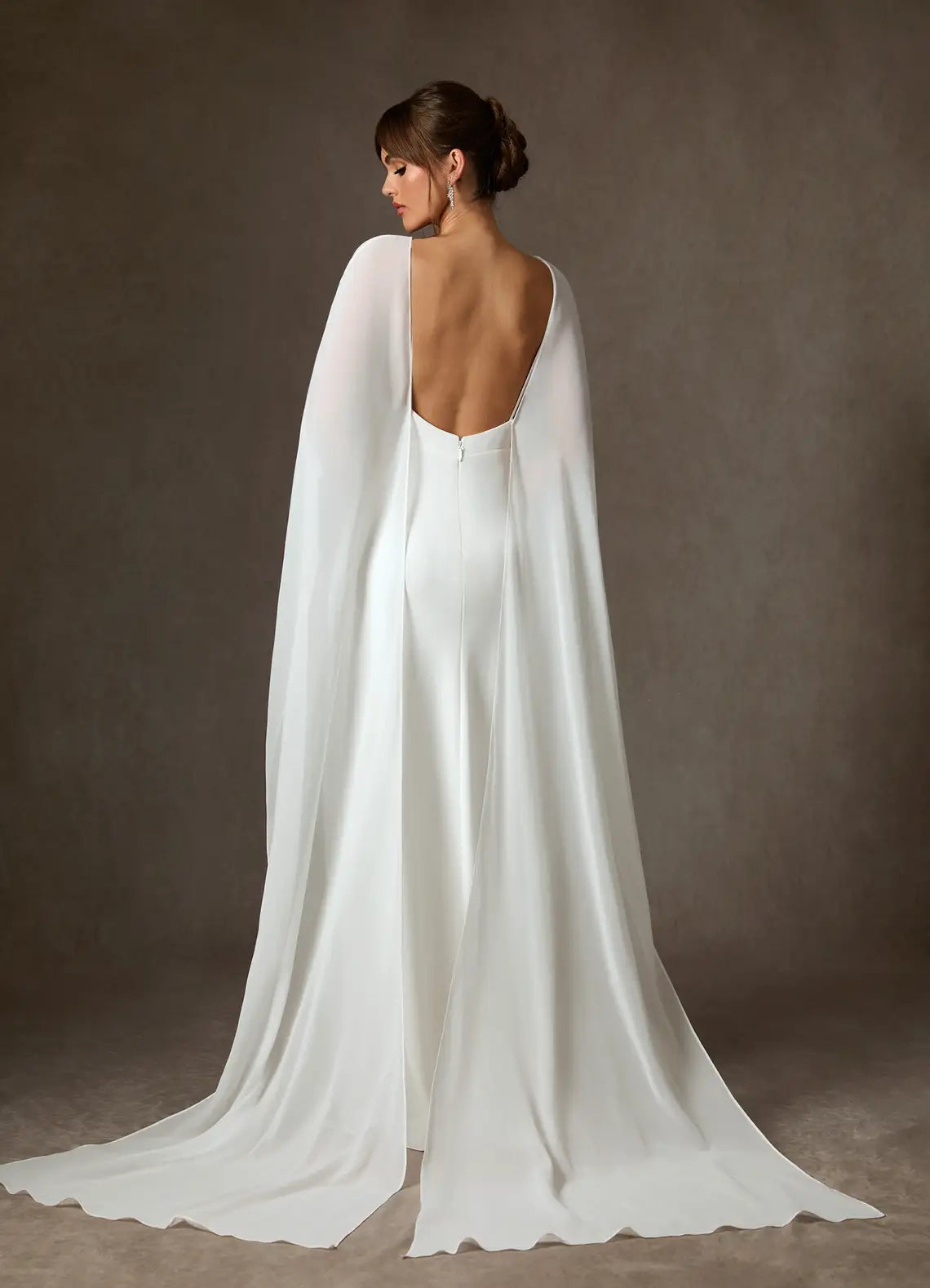 Form-fitting mermaid silhouette Whimsical, Romantic Aesthetic Minimalist Chiffon Mermaid Wedding Dress with Capelet