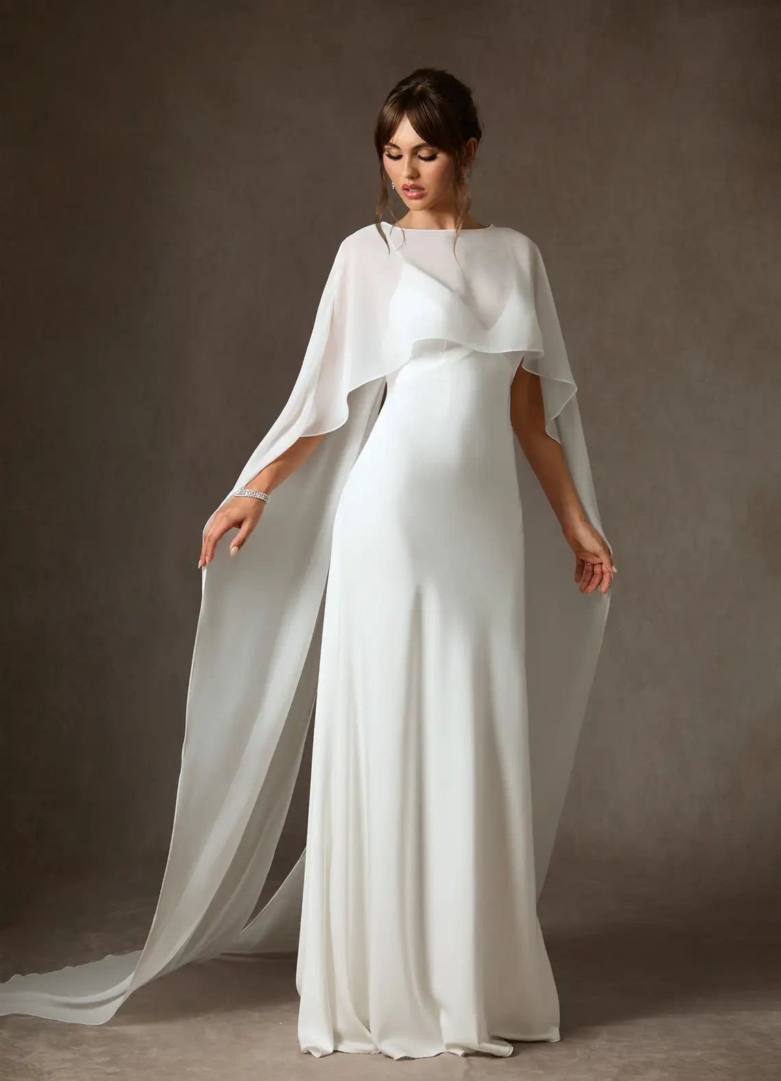 Form-fitting mermaid silhouette Whimsical, Romantic Aesthetic Minimalist Chiffon Mermaid Wedding Dress with Capelet