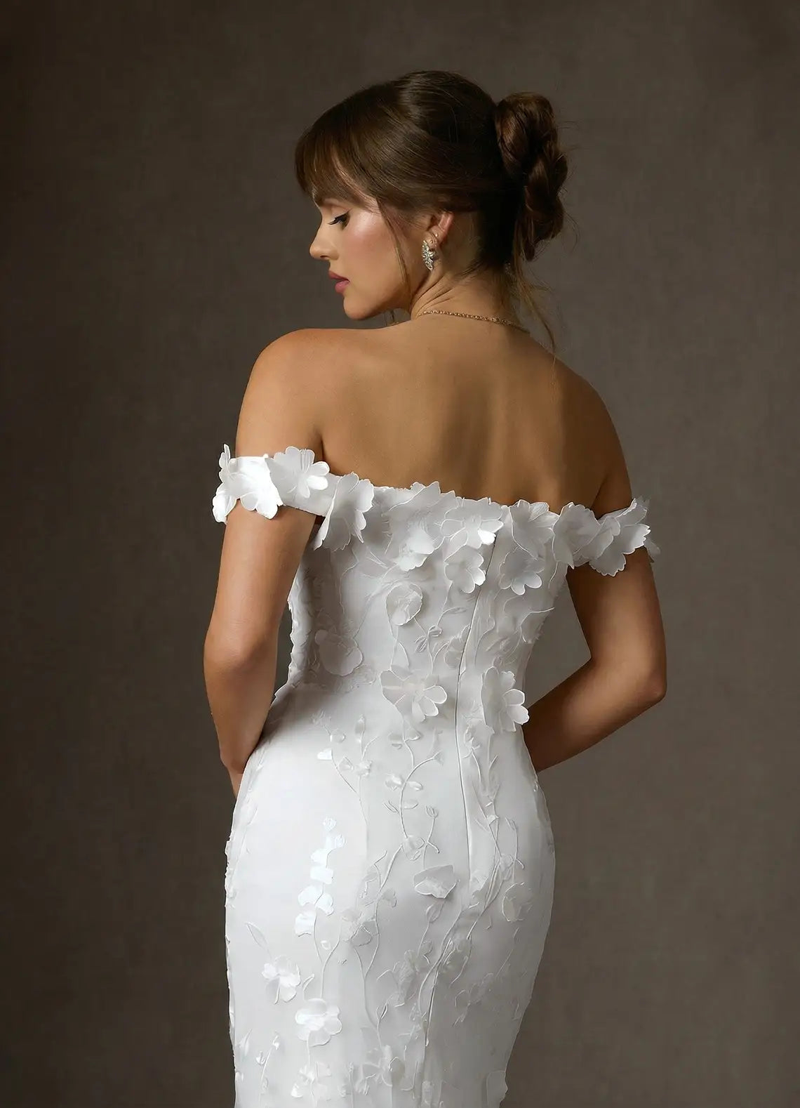Form-fitting mermaid silhouette with subtle train Off-the-Shoulder 3D Floral Lace Mermaid Wedding Dress