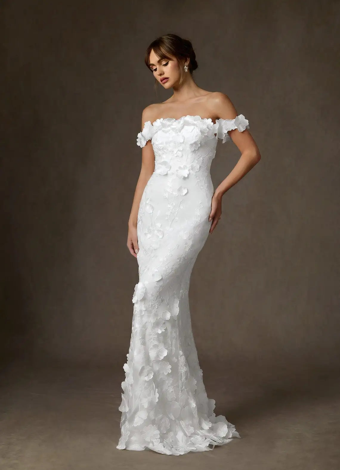 Form-fitting mermaid silhouette with subtle train Off-the-Shoulder 3D Floral Lace Mermaid Wedding Dress