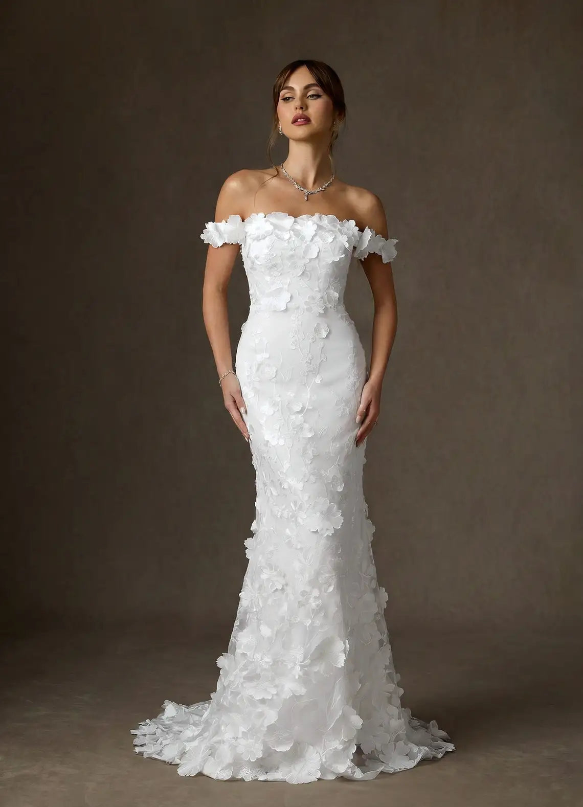Form-fitting mermaid silhouette with subtle train Off-the-Shoulder 3D Floral Lace Mermaid Wedding Dress
