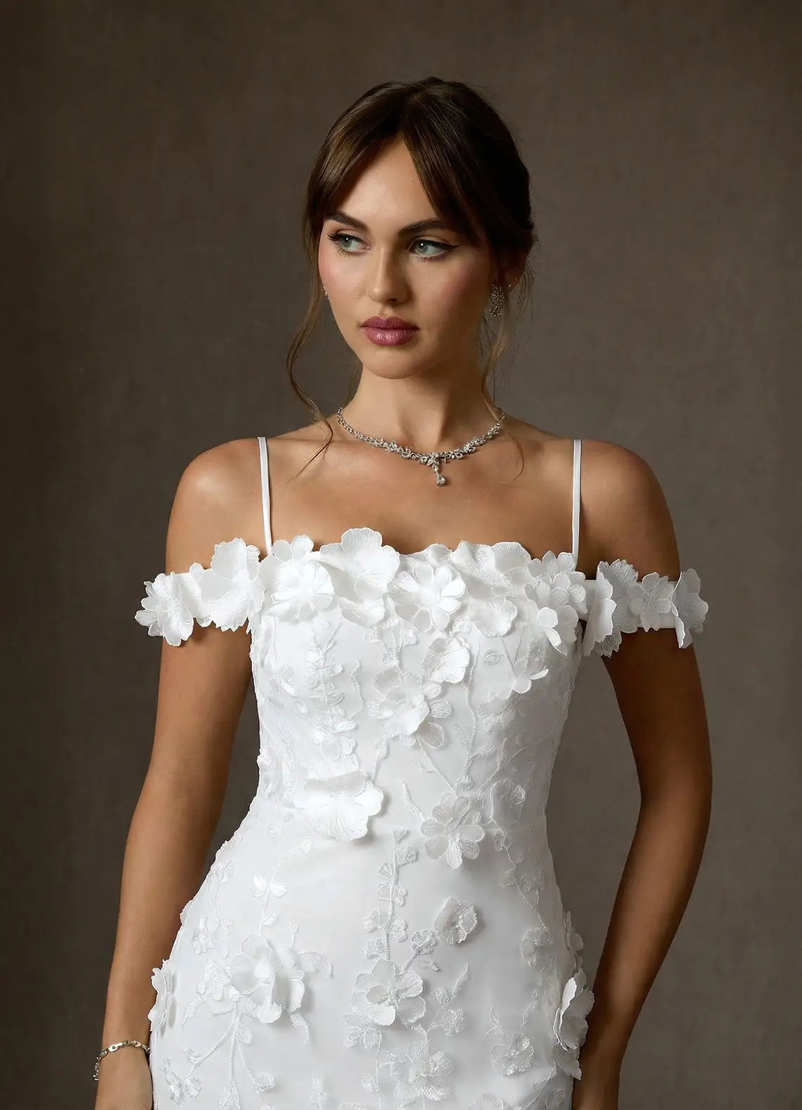 Form-fitting mermaid silhouette with subtle train Off-the-Shoulder 3D Floral Lace Mermaid Wedding Dress