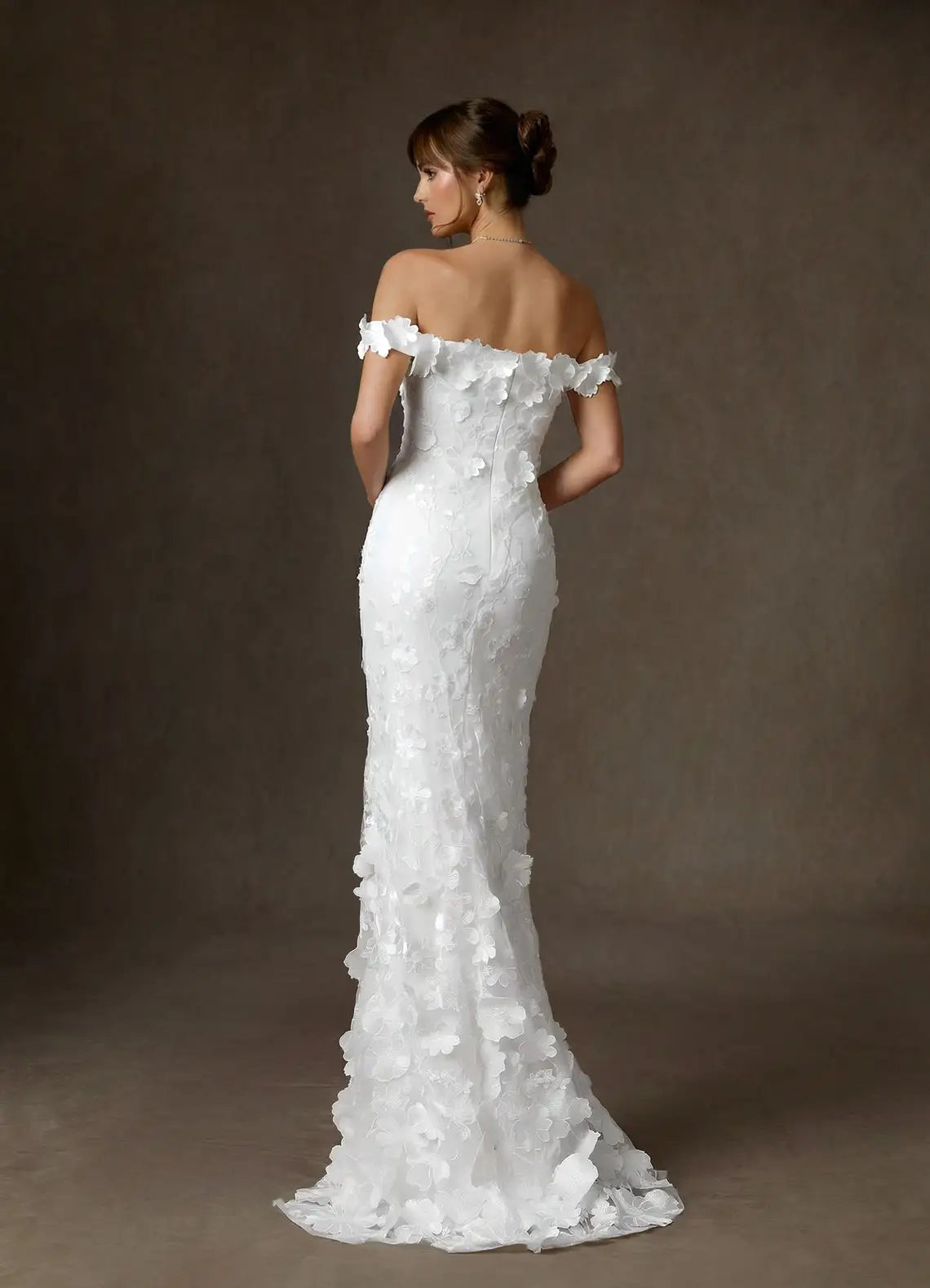 Form-fitting mermaid silhouette with subtle train Off-the-Shoulder 3D Floral Lace Mermaid Wedding Dress