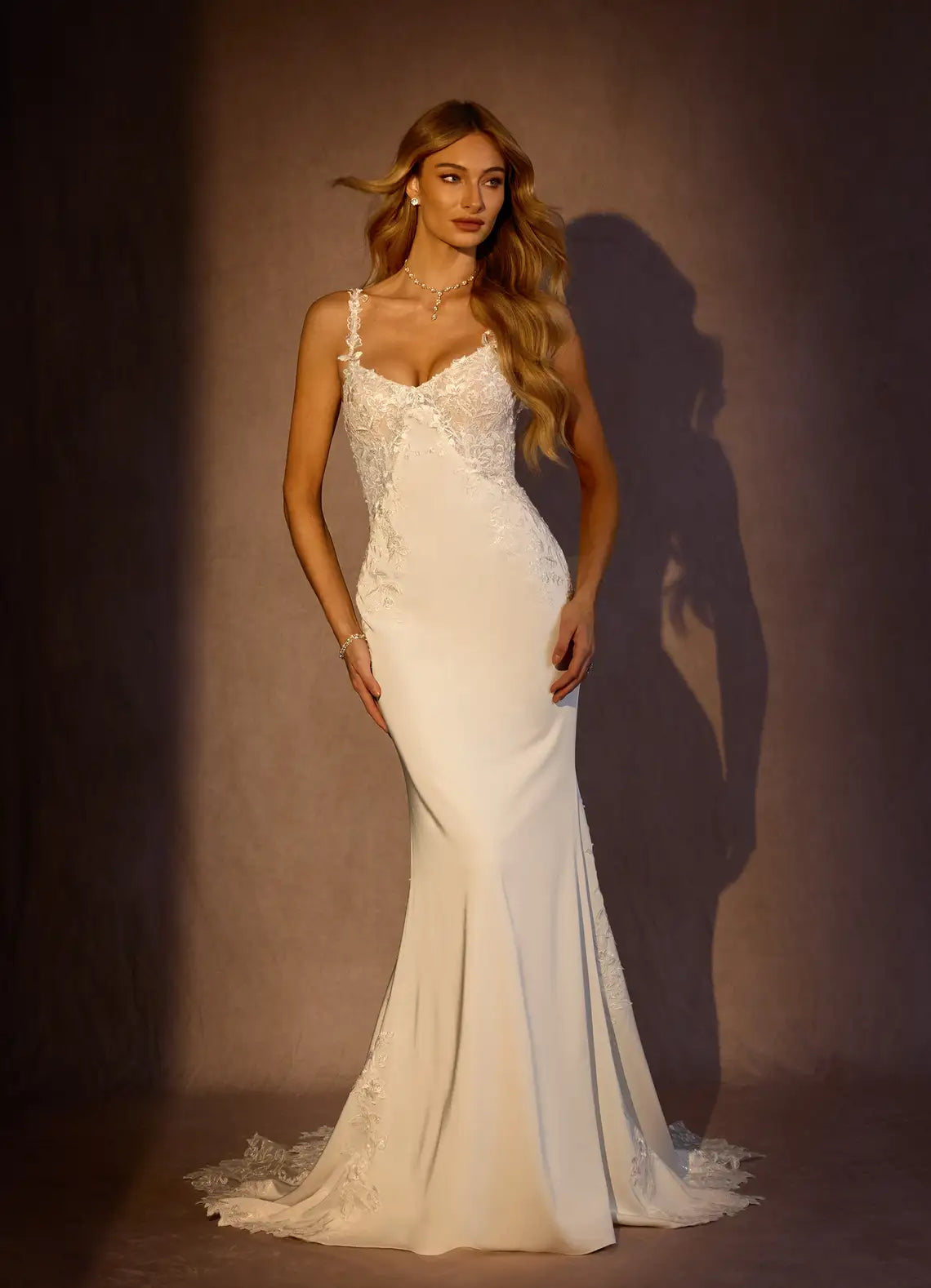 Form-fitting mermaid silhouette with train Floral Lace Crepe Mermaid Wedding Dress with Spaghetti Straps