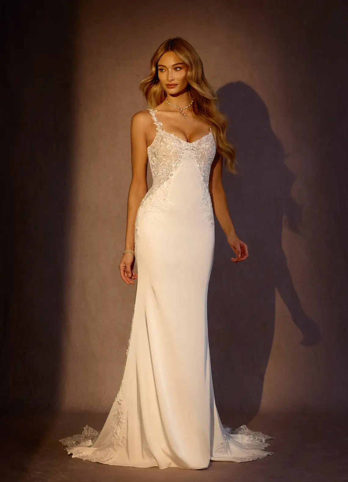 Form-fitting mermaid silhouette with train Floral Lace Crepe Mermaid Wedding Dress with Spaghetti Straps