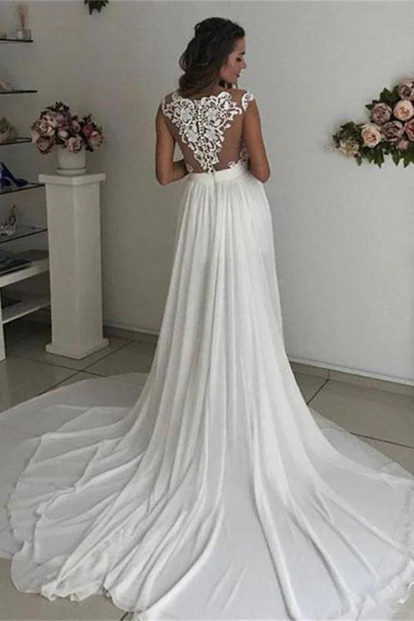 Dingji WeddingjiDress Formal Long Ivory Lace Chiffon Side Slit Cap Sleeve Cheap Beach Wedding Dresses