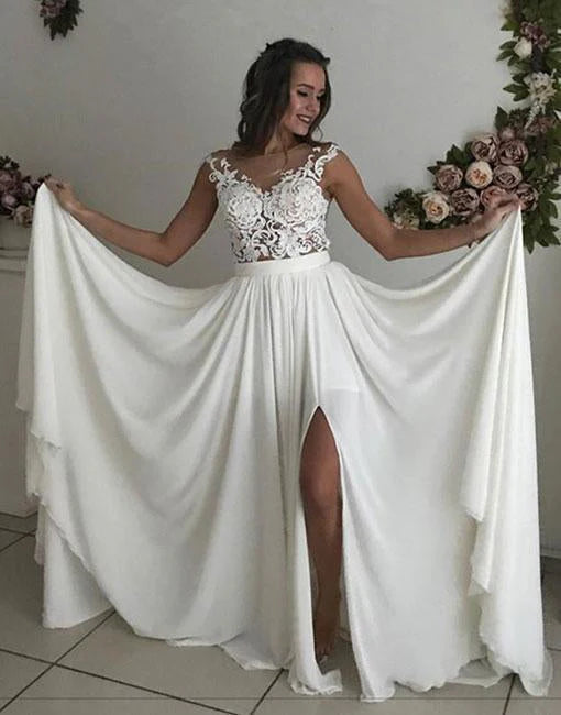 Dingji WeddingjiDress Formal Long Ivory Lace Chiffon Side Slit Cap Sleeve Cheap Beach Wedding Dresses