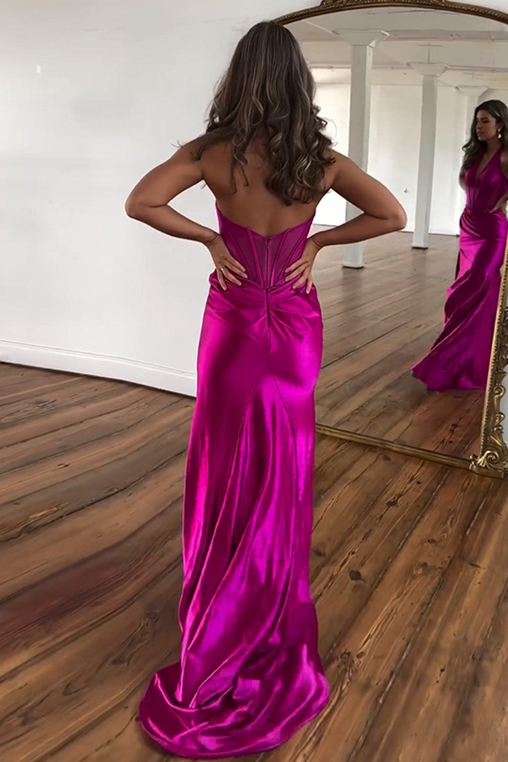 Mermaid Halter Neck Open Back Long Satin Prom Dress With Split