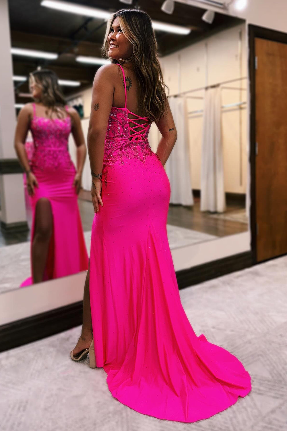 Hot Pink Mermaid Lace Up Long Prom Dress with Slit