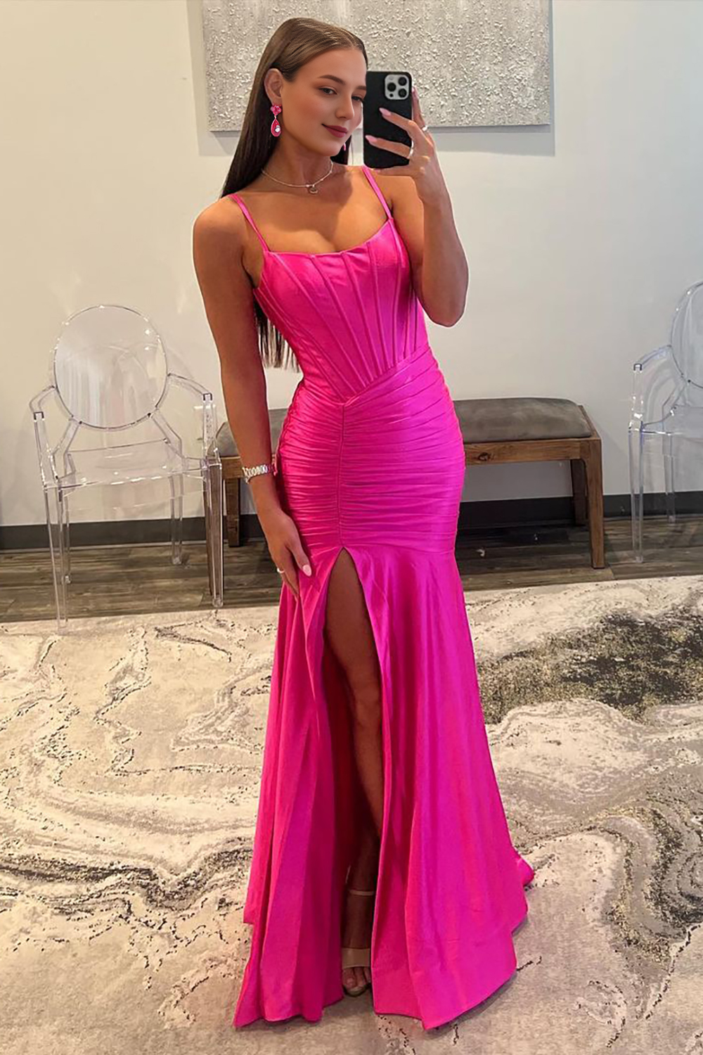 Spaghetti Straps Mermaid Long Satin Prom Dress with Slit