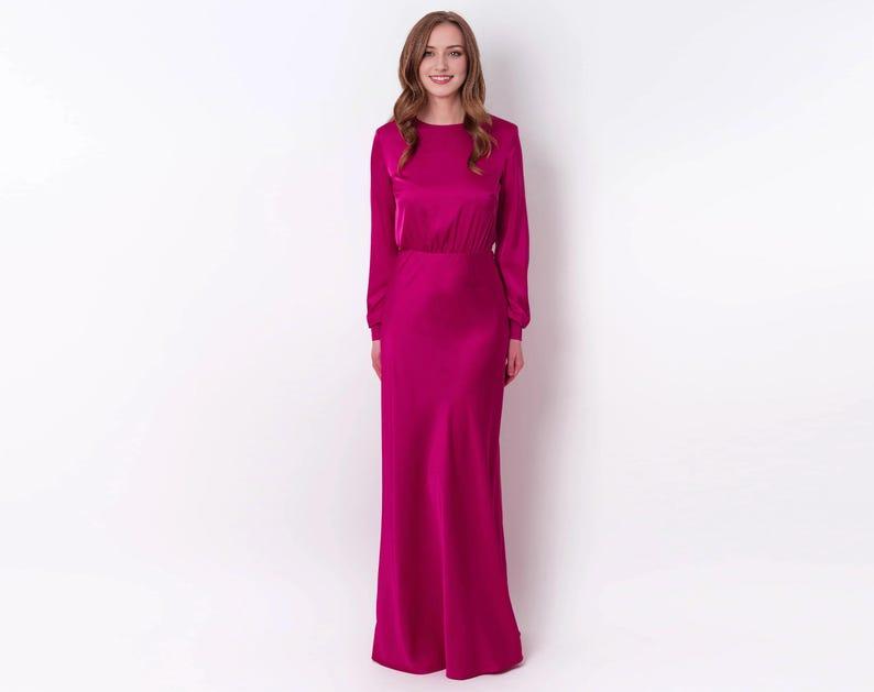 Beautiful Fuchsia Long Sleeved Bridesmaid Dress Suitable For Wedding Themes