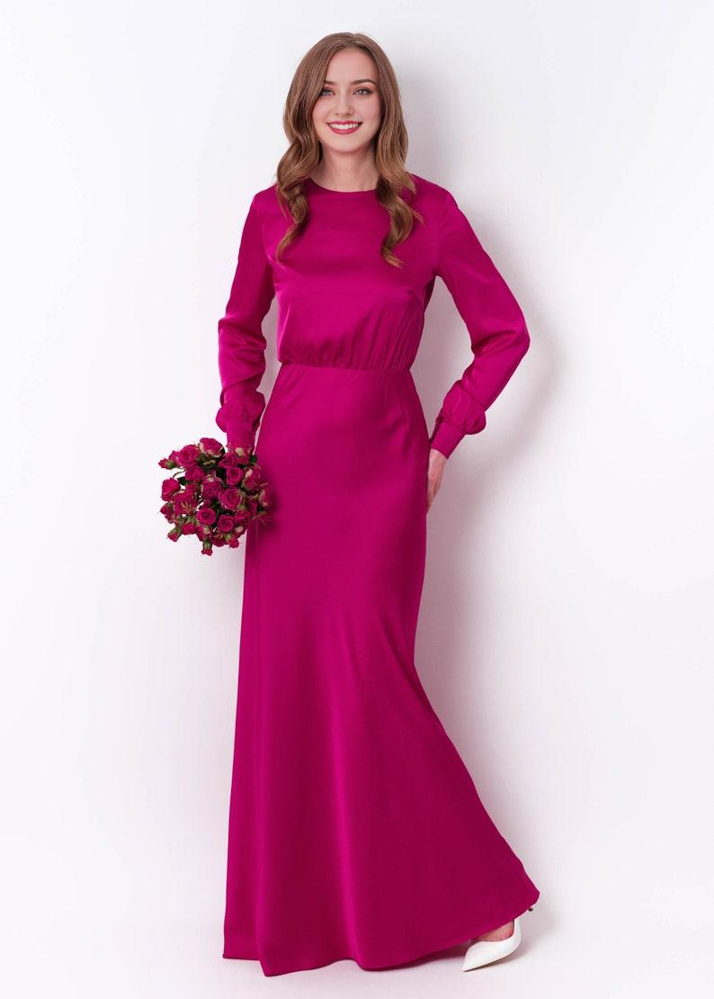 Beautiful Fuchsia Long Sleeved Bridesmaid Dress Suitable For Wedding Themes