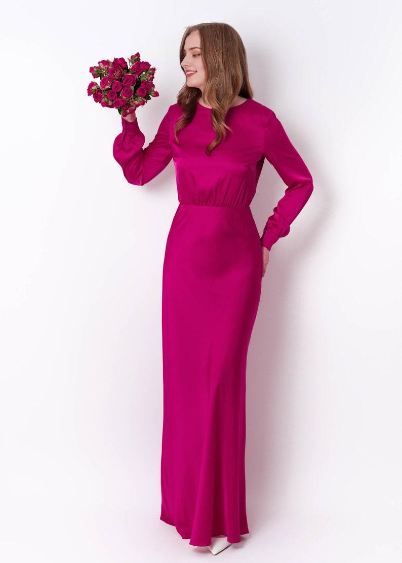 Beautiful Fuchsia Long Sleeved Bridesmaid Dress Suitable For Wedding Themes