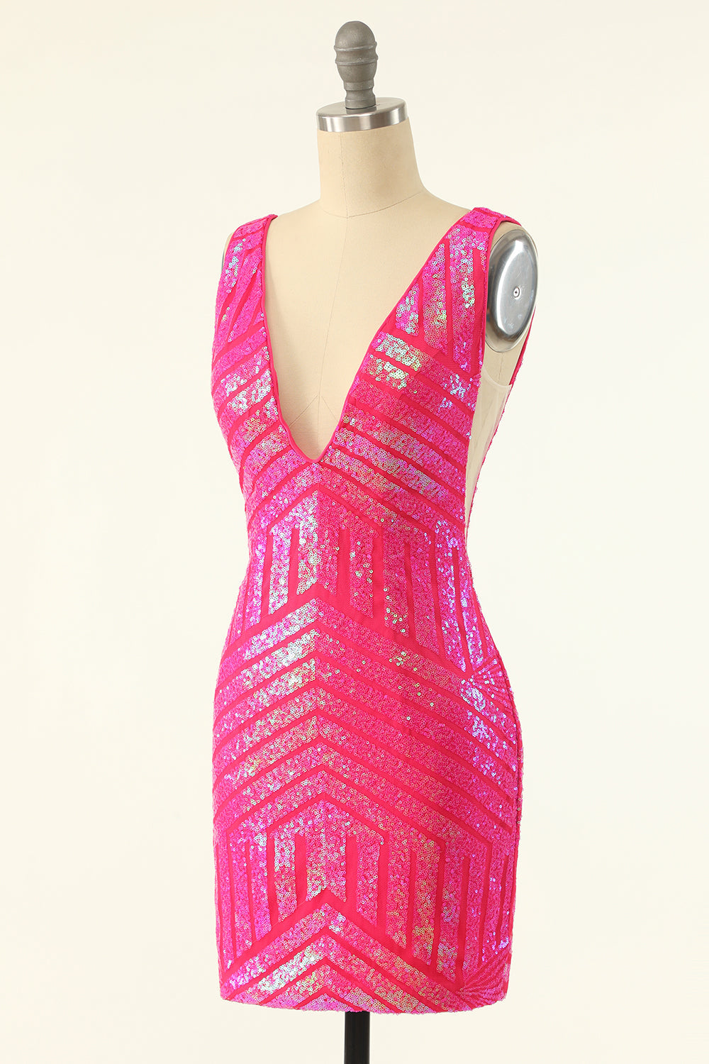 Fuchsia Sequins V-Neck Tight Homecoming Dress