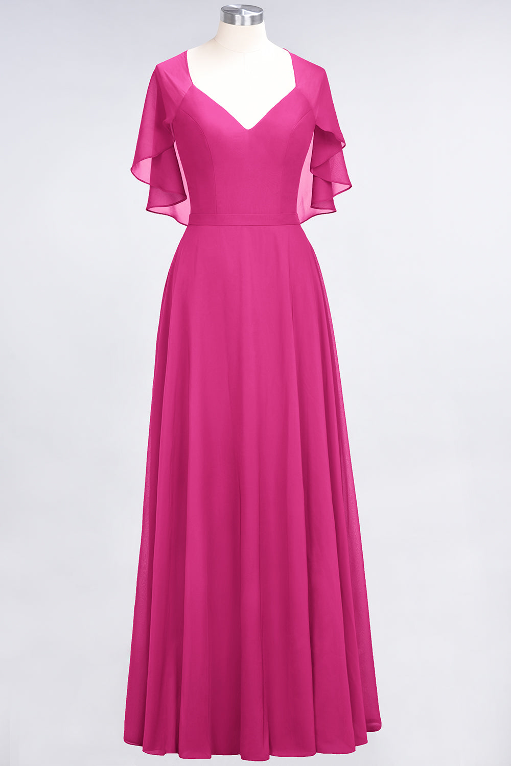 Long A Line V Neck Chiffon Floor-Length Bridesmaid Dress with Sleeves