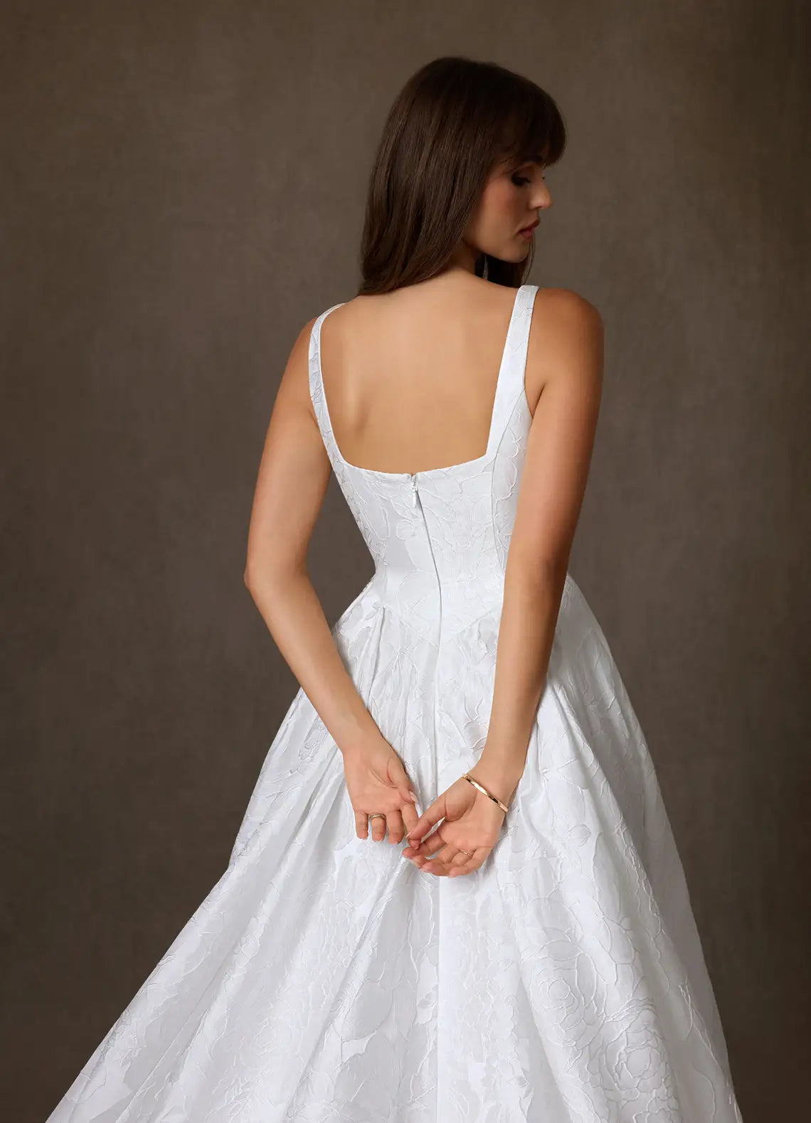 Full A-line ball gown skirt with dramatic train Square Neck Floral Jacquard Ball Gown Wedding Dress with Pockets