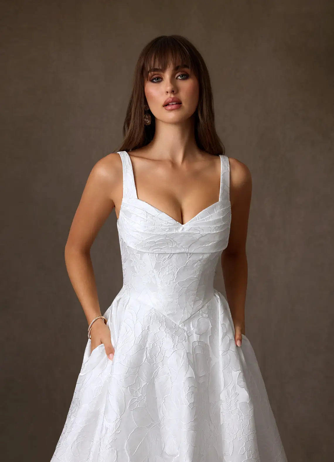 Full A-line ball gown skirt with dramatic train Square Neck Floral Jacquard Ball Gown Wedding Dress with Pockets