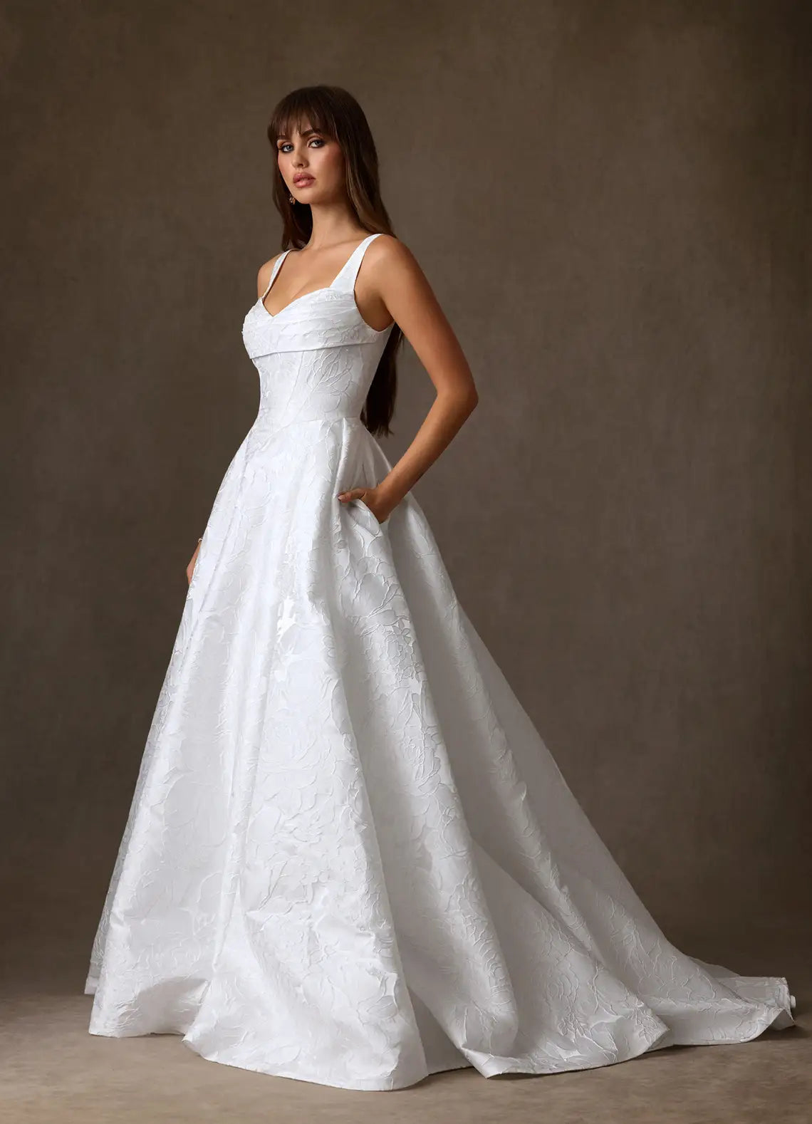 Full A-line ball gown skirt with dramatic train Square Neck Floral Jacquard Ball Gown Wedding Dress with Pockets