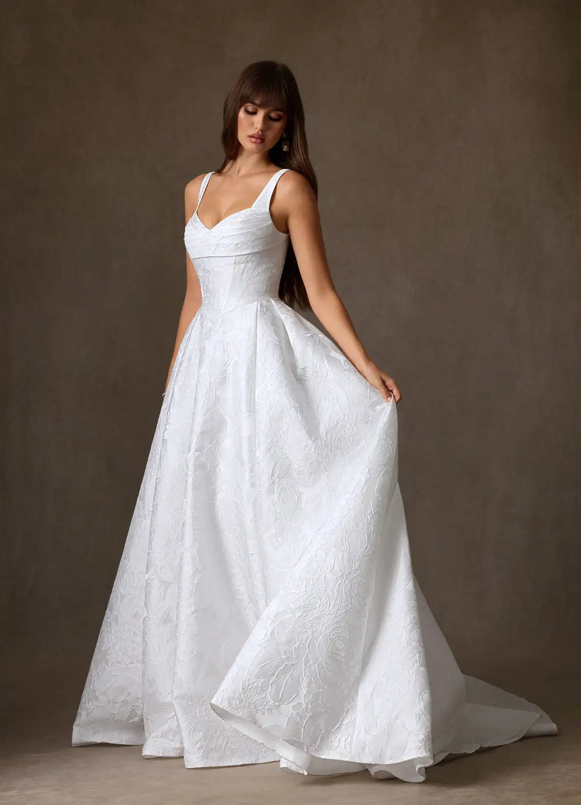 Full A-line ball gown skirt with dramatic train Square Neck Floral Jacquard Ball Gown Wedding Dress with Pockets