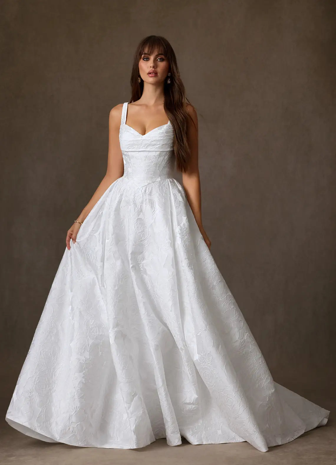 Full A-line ball gown skirt with dramatic train Square Neck Floral Jacquard Ball Gown Wedding Dress with Pockets