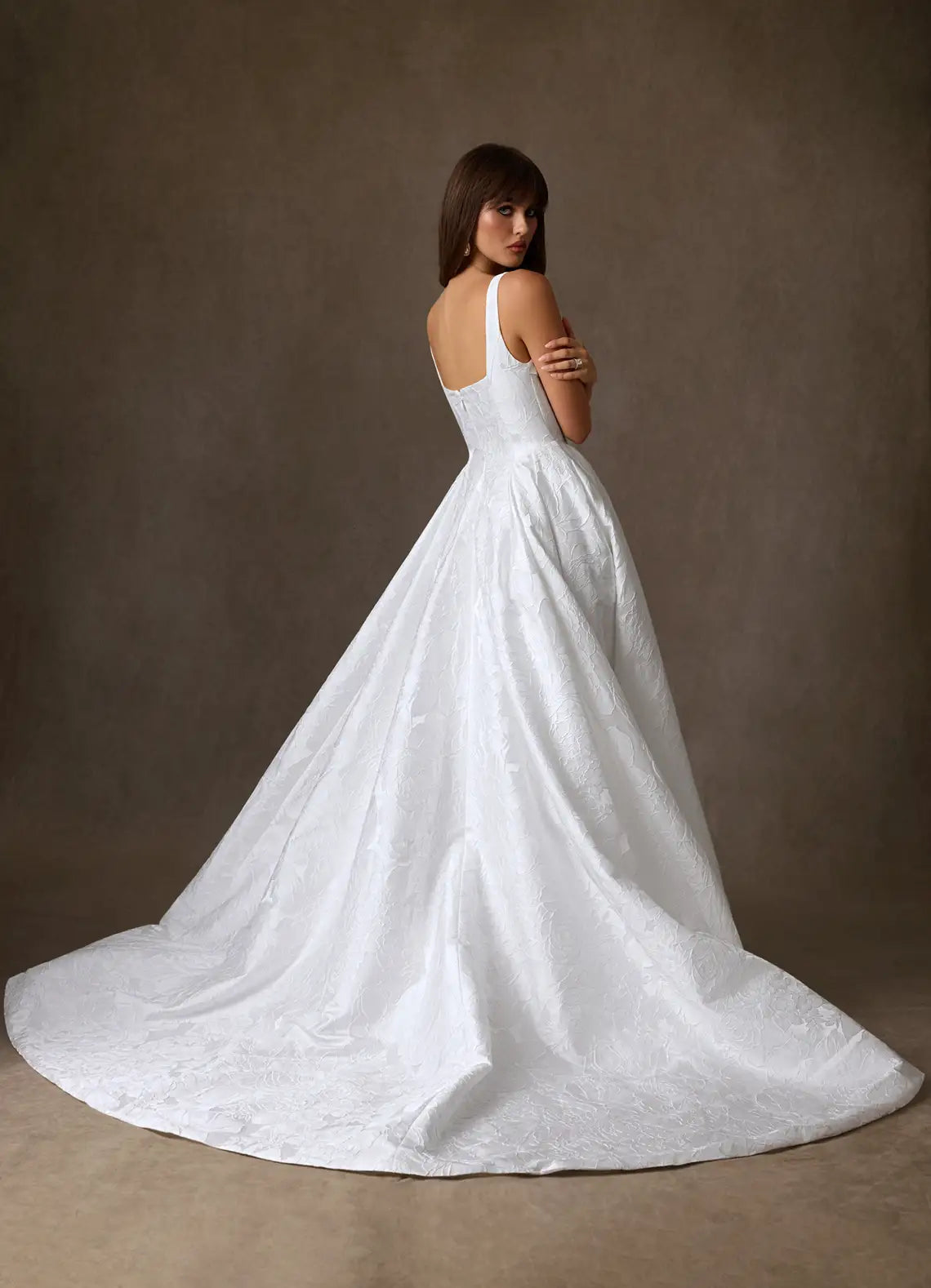 Full A-line ball gown skirt with dramatic train Square Neck Floral Jacquard Ball Gown Wedding Dress with Pockets