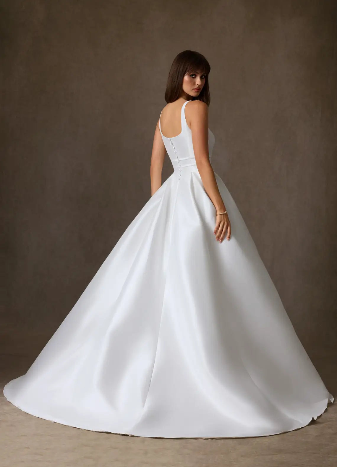 Full A-line ball gown skirt with dramatic train Square Neck Satin Ball Gown Wedding Dress with Bow Waist Detail