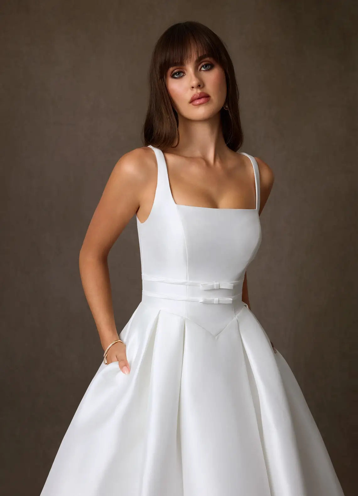 Full A-line ball gown skirt with dramatic train Square Neck Satin Ball Gown Wedding Dress with Bow Waist Detail