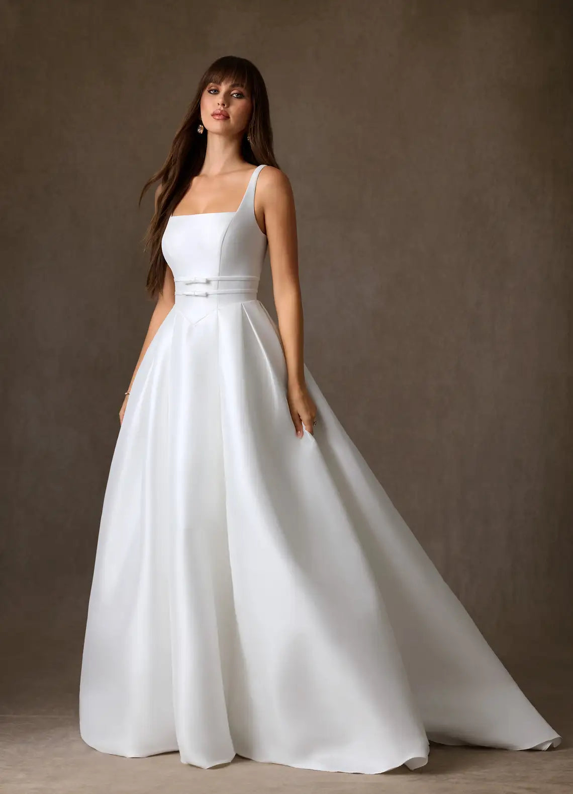 Full A-line ball gown skirt with dramatic train Square Neck Satin Ball Gown Wedding Dress with Bow Waist Detail