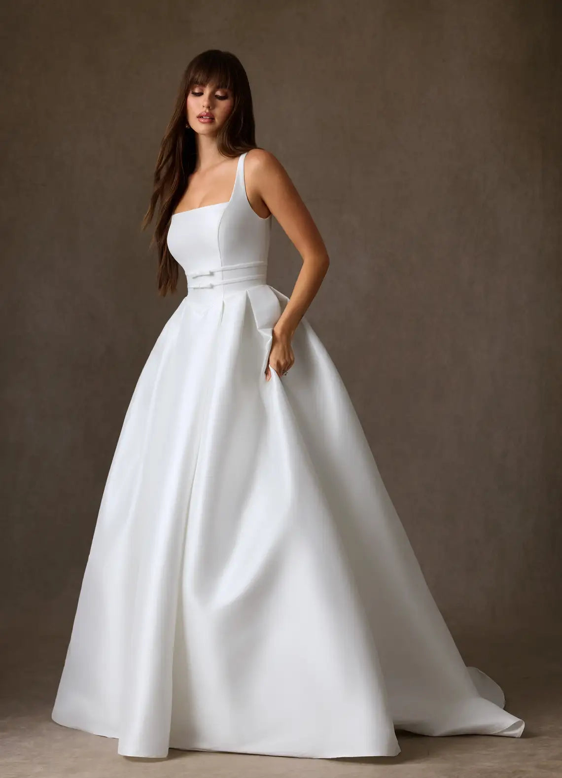 Full A-line ball gown skirt with dramatic train Square Neck Satin Ball Gown Wedding Dress with Bow Waist Detail