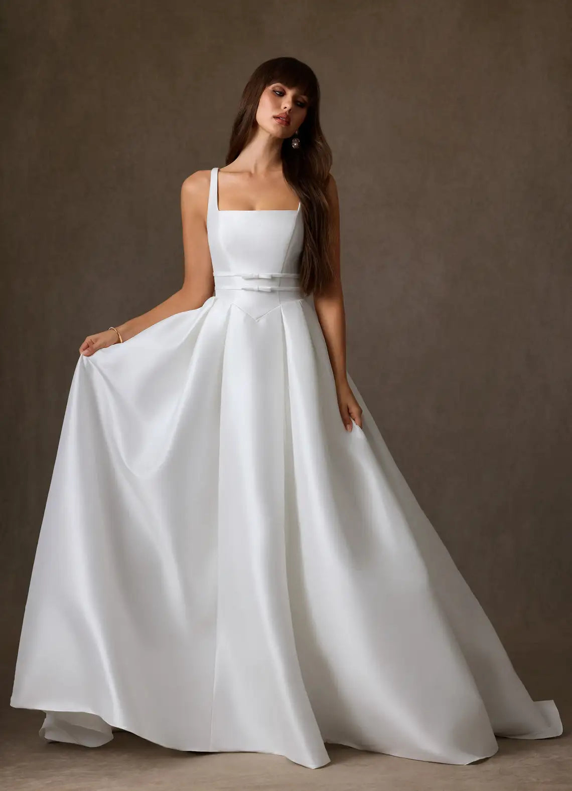 Full A-line ball gown skirt with dramatic train Square Neck Satin Ball Gown Wedding Dress with Bow Waist Detail