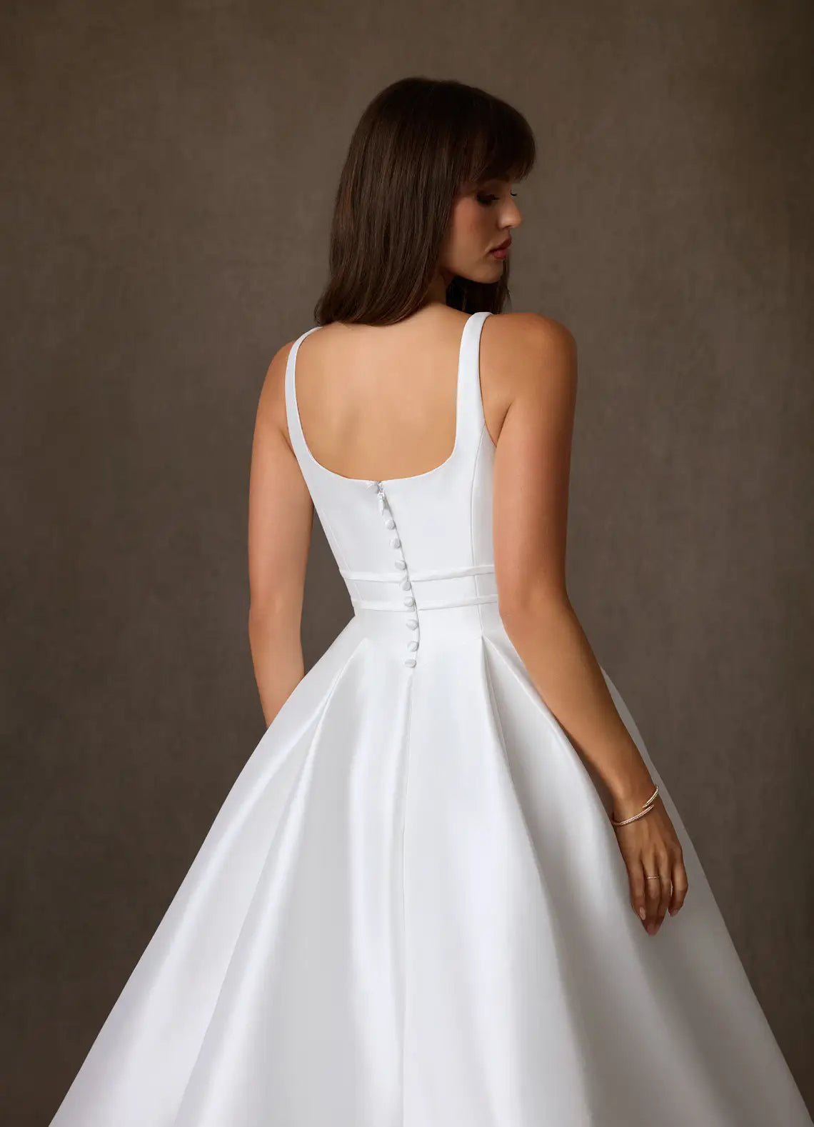 Full A-line ball gown skirt with dramatic train Square Neck Satin Ball Gown Wedding Dress with Bow Waist Detail