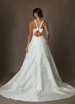 Full A-line skirt with subtle train Floral Jacquard A-Line Wedding Dress with Bow Back