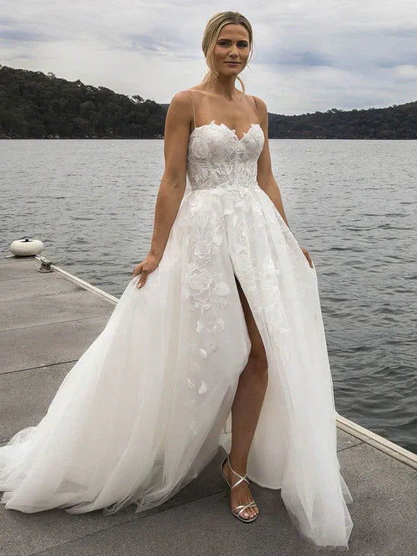 Full A-line tulle skirt with a high slit and train Thin Strap Floral Lace A-Line Wedding Dress with Slit