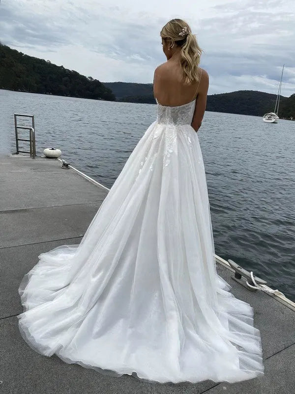 Full A-line tulle skirt with a high slit and train Thin Strap Floral Lace A-Line Wedding Dress with Slit