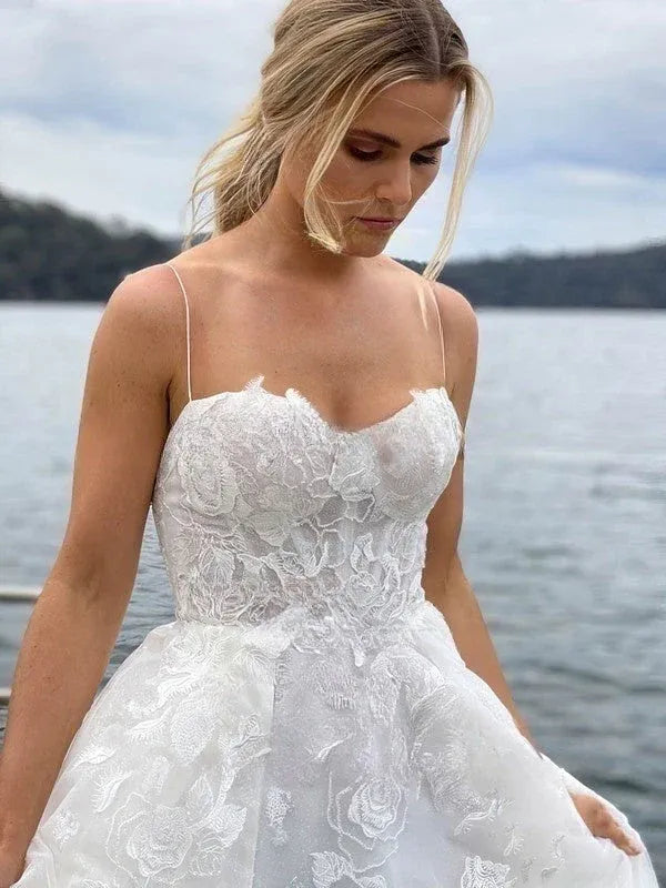 Full A-line tulle skirt with a high slit and train Thin Strap Floral Lace A-Line Wedding Dress with Slit