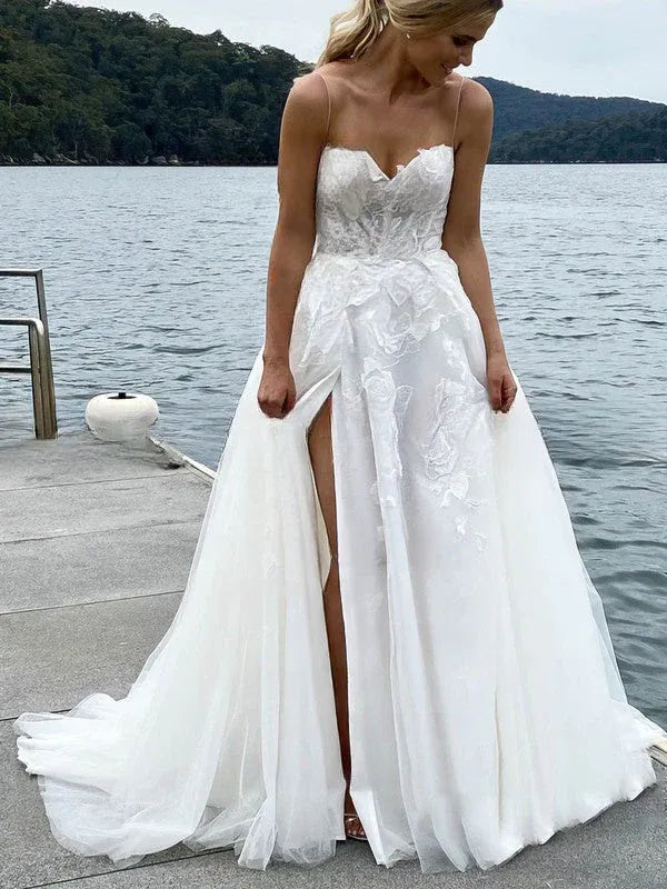 Full A-line tulle skirt with a high slit and train Thin Strap Floral Lace A-Line Wedding Dress with Slit