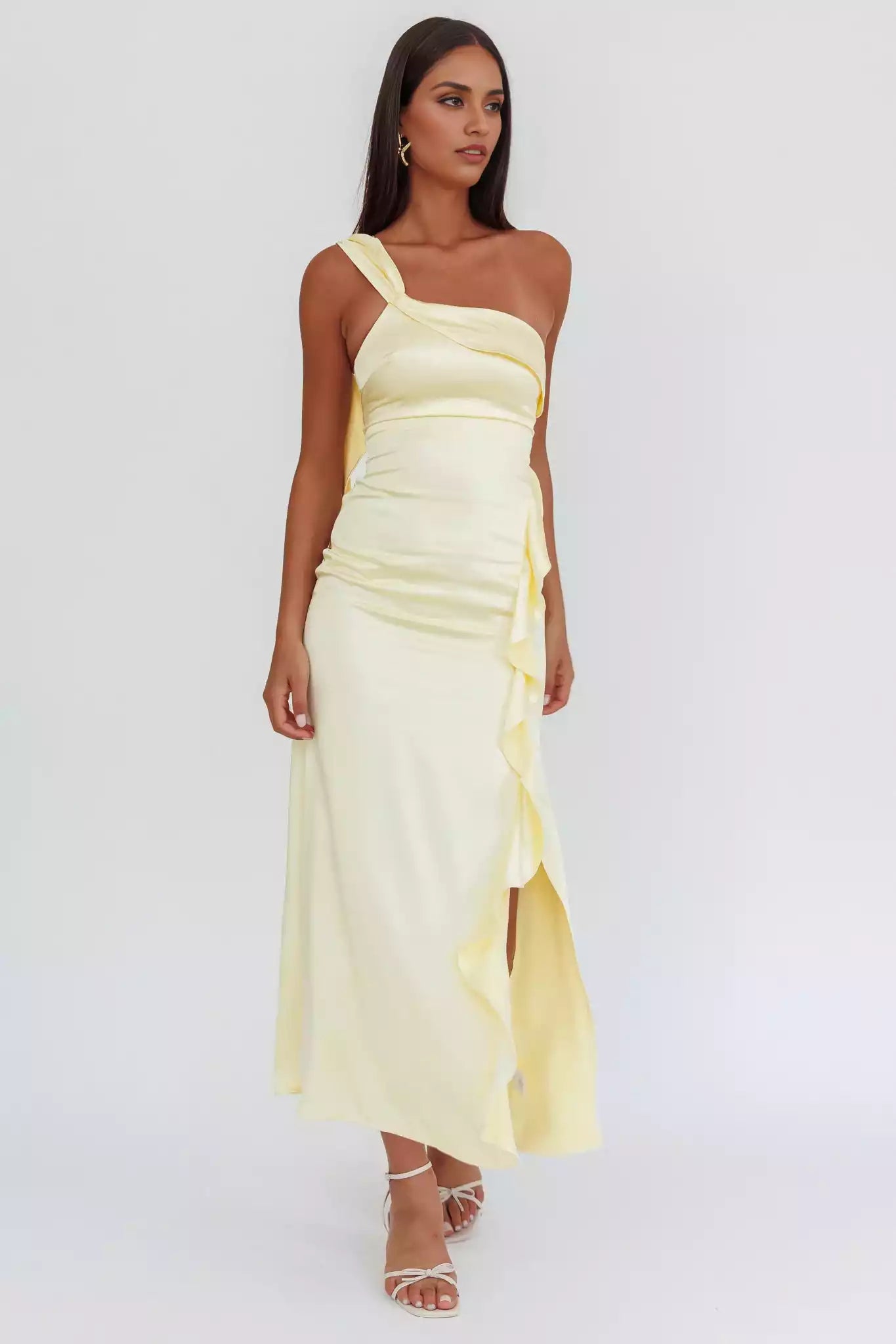 Full of charm, satin with extra long shoulder and leg slits, hidden side zipper with ruffle edge Prom Dresses