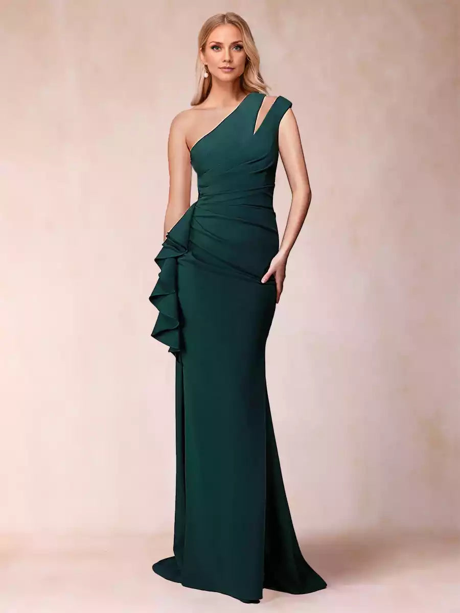 Full of charm, single shoulder sleeveless pleated ruffle hem slim fit/straight cut Mother of the Bride Dresses