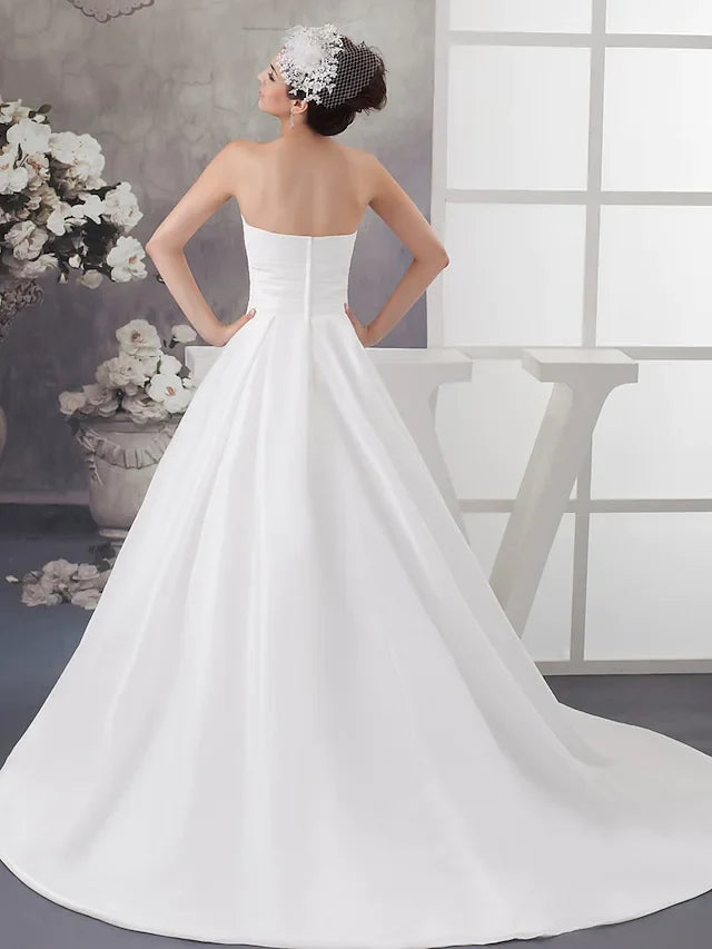 DingjiA-Line Wedding Dresses Strapless Chapel Train Satin Strapless with Ruched Beading Draping