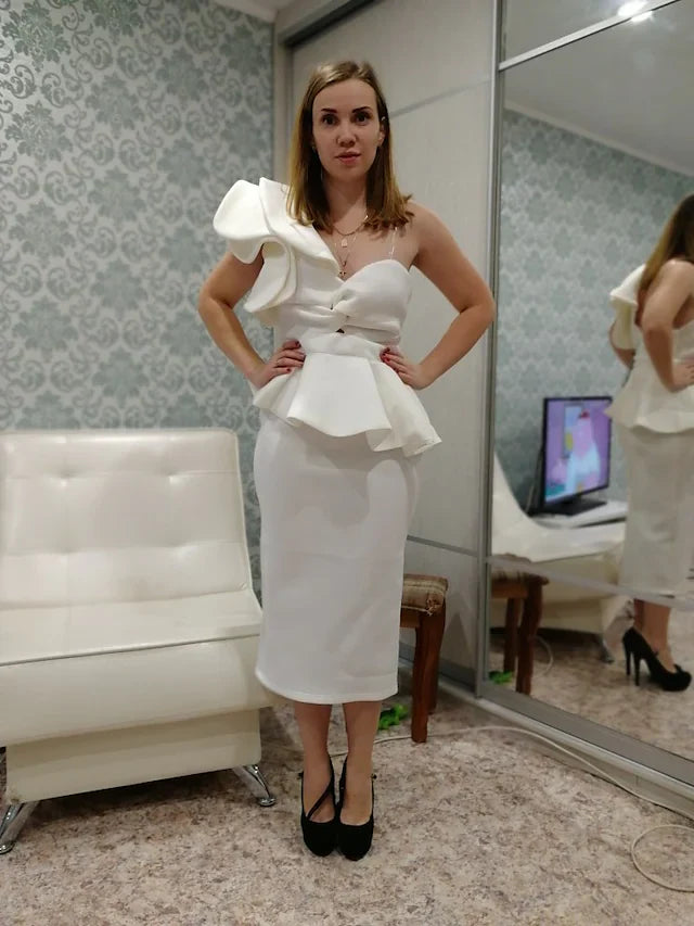 DingjiBeautiful Back Sexy Party Wear Cocktail Party Dress One Shoulder Sleeveless Tea Length Spandex with Ruffles