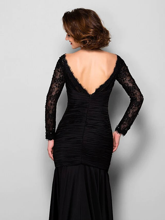 Mother of the Bride Dress Beautiful Back Jewel Neck Lace Jersey Long Sleeve with Lace Ruched Beading