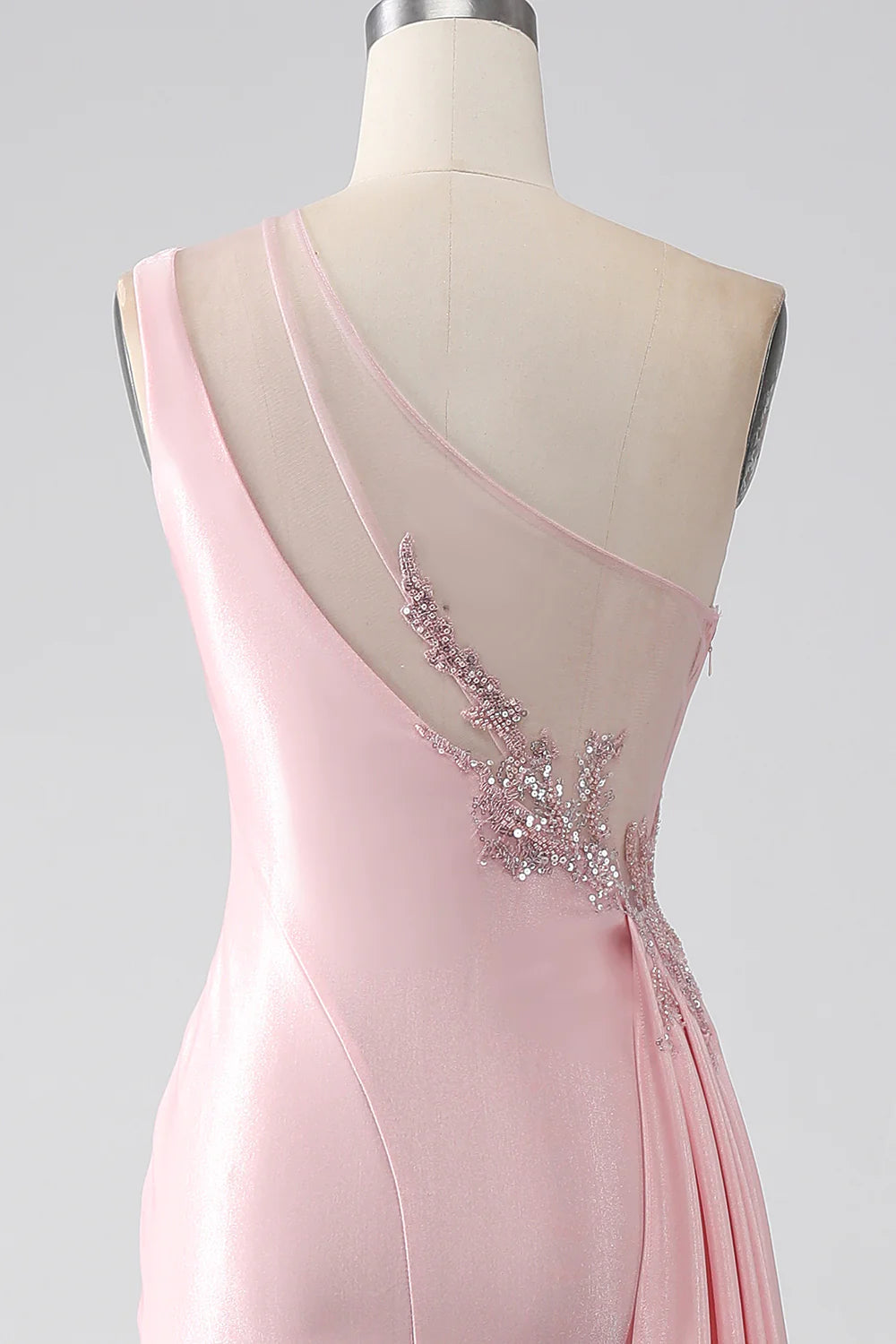 Pink Mermaid One Shoulder Sequins Appliques Ruched Prom Dress With Slit