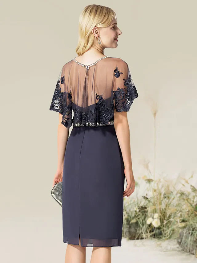 DingjiConvertible Elegant Wedding Guest Cocktail Party Dress Strapless Short Sleeve Knee Length Lace with Lace Insert Appliques