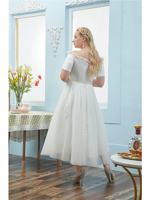 DingjiBall Gown Plus Size Elegant Quinceanera Prom Dress Off Shoulder Short Sleeve Tea Length Tulle with Buttons