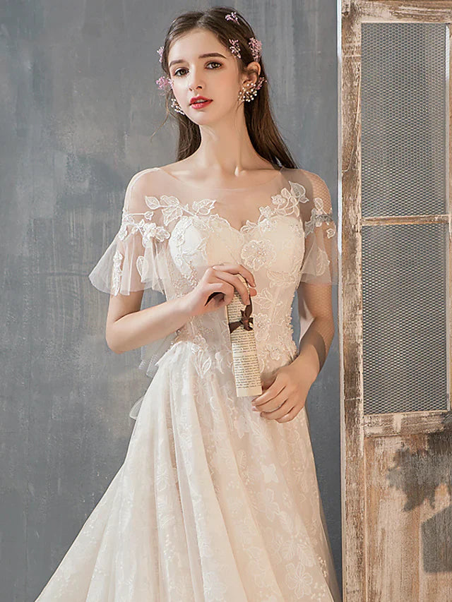 DingjiPrincess A-Line Wedding Dresses Jewel Neck Court Train Lace Tulle Short Sleeve Romantic with Bow(s) Beading Appliques