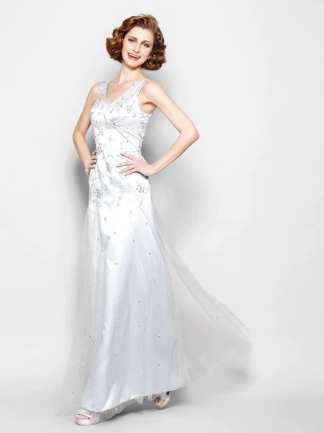 Mother of the Bride Dress Sparkle & Shine V Neck Floor Length Lace Tulle Sleeveless with Lace Beading