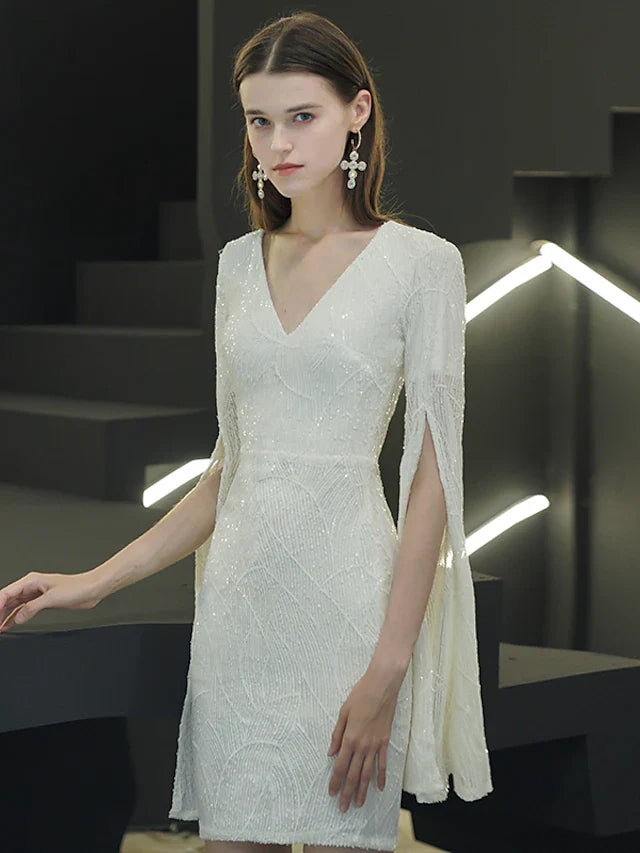 DingjiSparkle Elegant Homecoming Cocktail Party Dress V Neck Long Sleeve Short Mini Sequined with Sequin Split