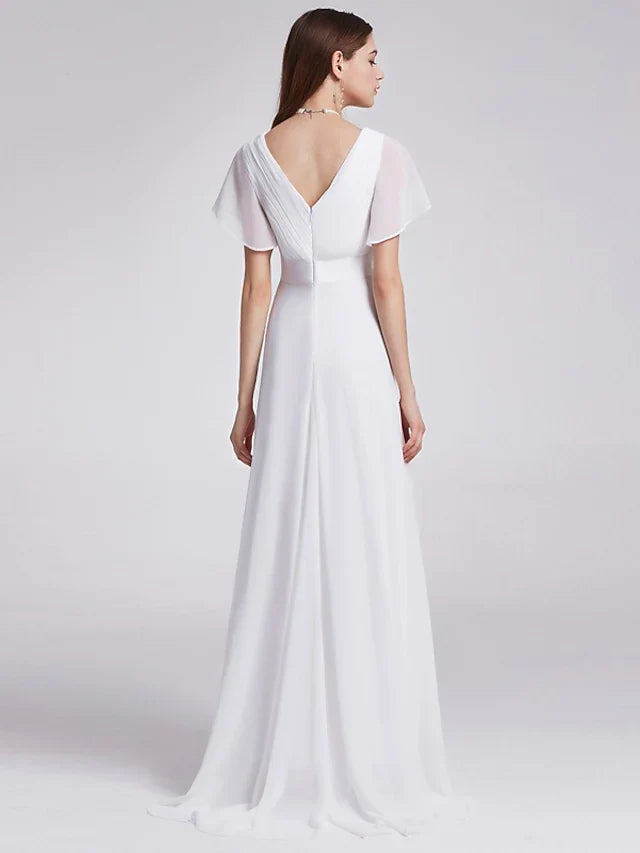 A-Line Wedding Dresses V Neck Floor Length Chiffon Short Sleeve Simple Little White Dress with Draping