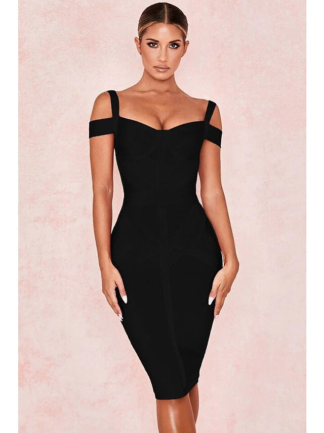 DingjiHot Sexy Party Wear Cocktail Party Valentine's Day Dress Off Shoulder Sleeveless Knee Length Spandex with Sleek