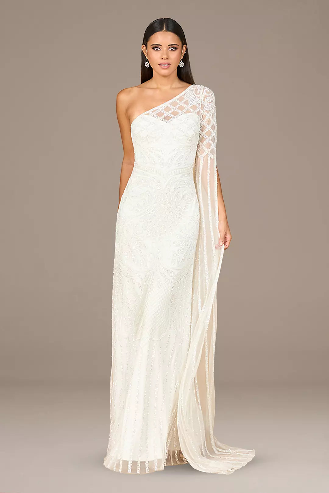 Glamorous One-Shoulder Beaded Embellished Mermaid Wedding Dress with Sheer Cape Sleeve and Sweep Train